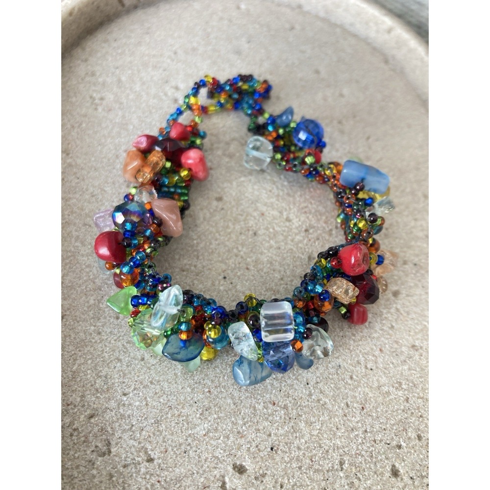 Colorful Seed Bead Bracelet Cha Cha Cluster Boho Artisan Stretch Rainbow